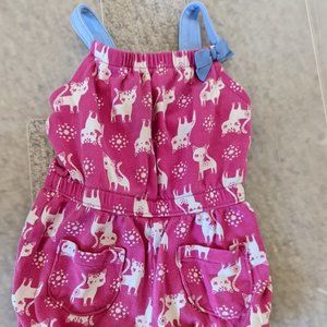 Gymboree Pink, White & Blue Girls Delicate Cat Romper w/Pockets sz 6-10 Months